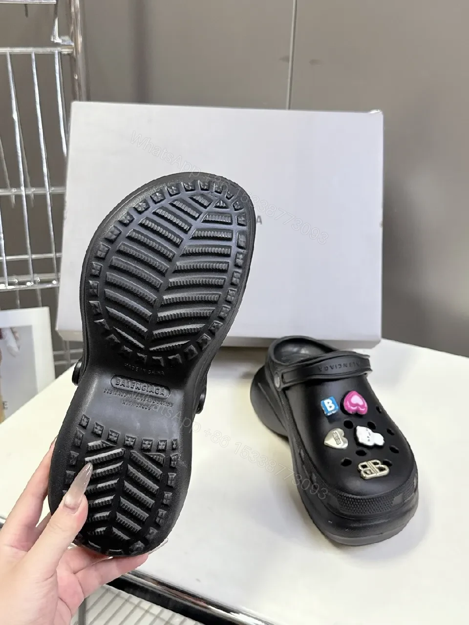 View 9 of Bold Black Faux Leather Clogs with Enamel Charms, All-Day Comfort