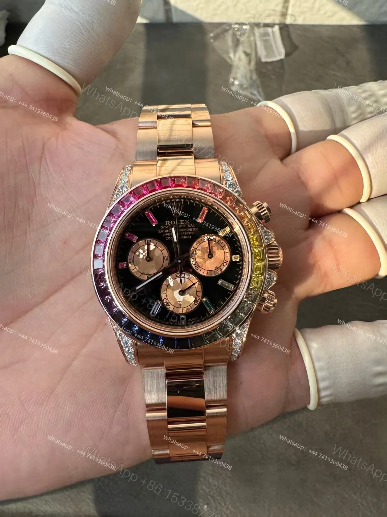 View 28 of Rolex Super Clone Rainbow Daytona 1:1 Replica Watch – 18K Rose Gold