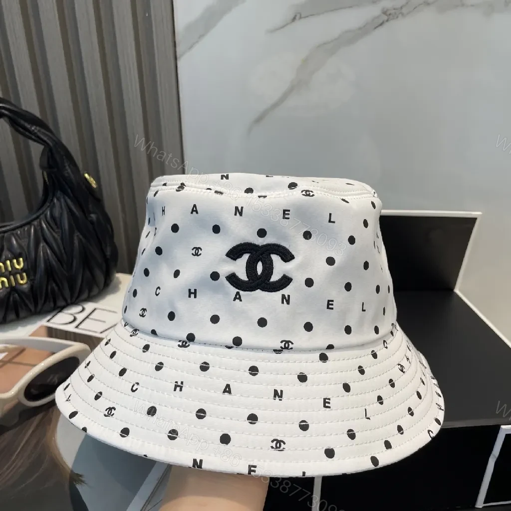 View 5 of White Polka Dot Bucket Hat with Subtle Logo, Cotton-Blend