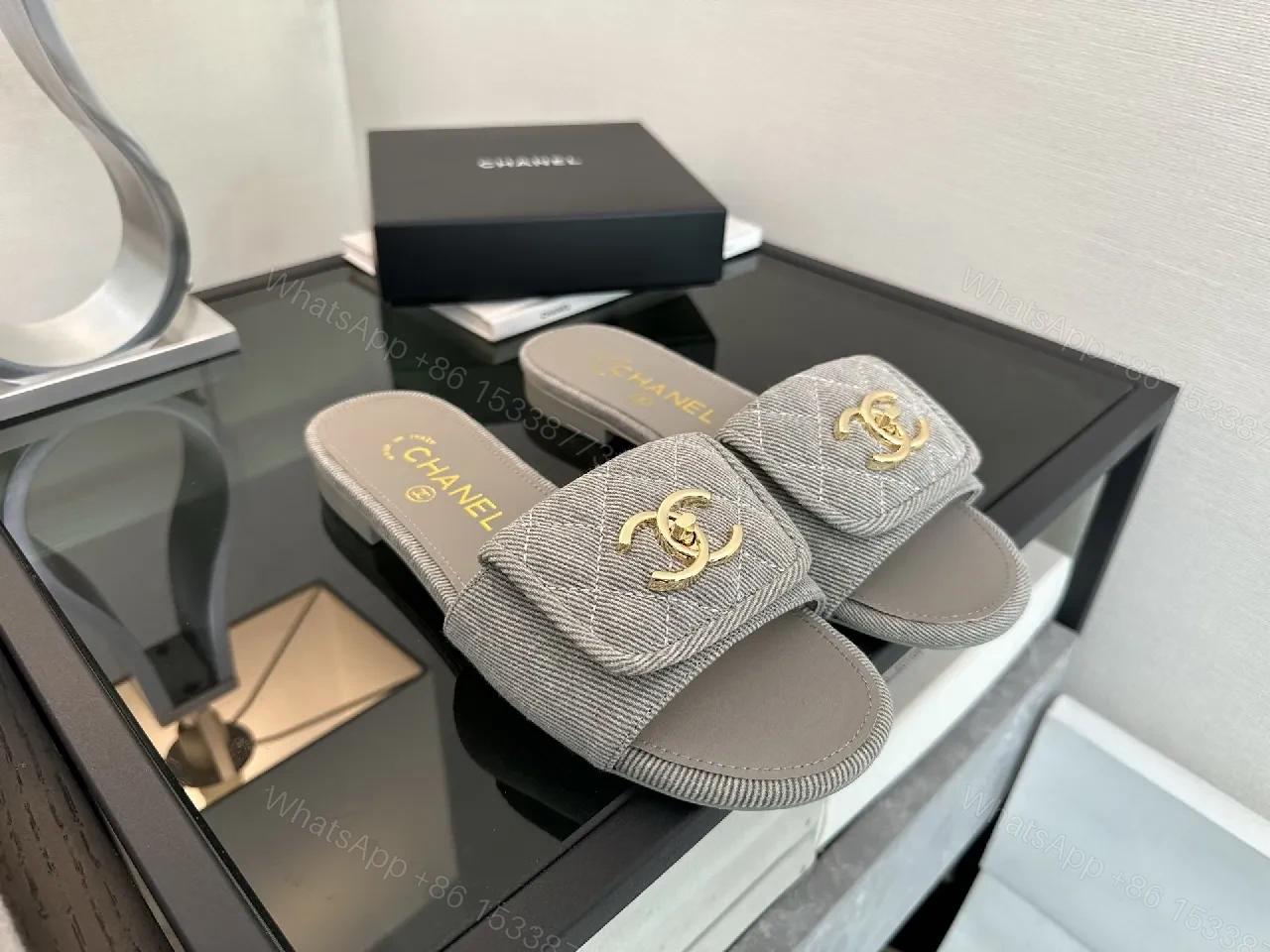 View 8 of Soft Denim Slides + Denim Texture + Minimalist Luxury + Gold Emblem + Slides