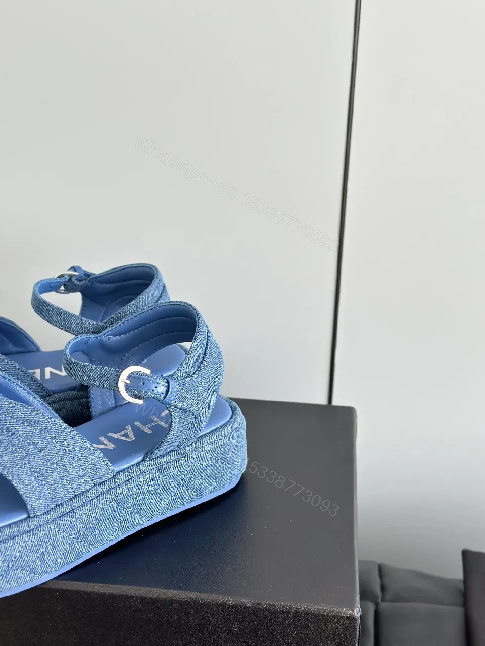View 7 of Blue Denim Mule Sandals – Premium Chic, Logo Detail, Open-Toe
