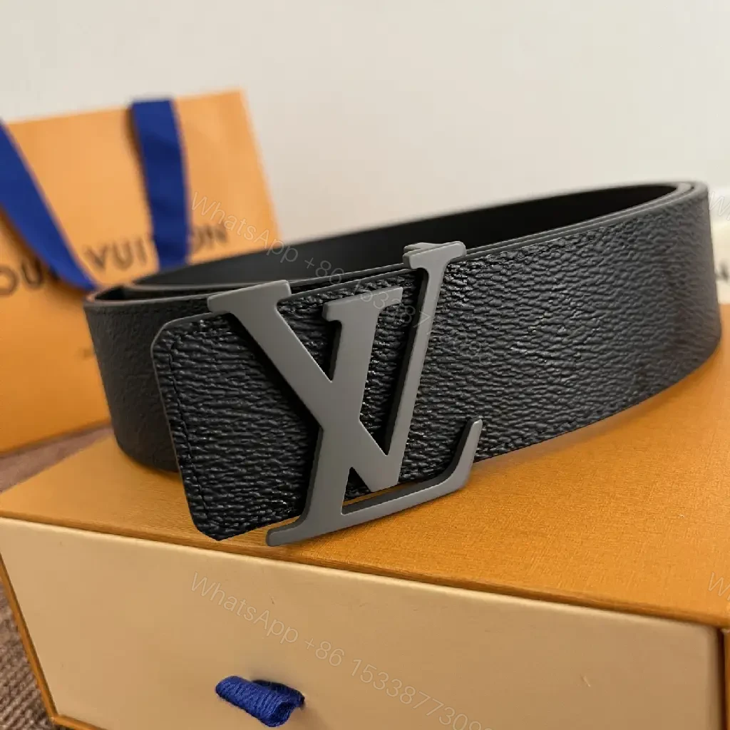 View 4 of Black Leather Belt Matte LV Buckle Slim Width - Center Front
