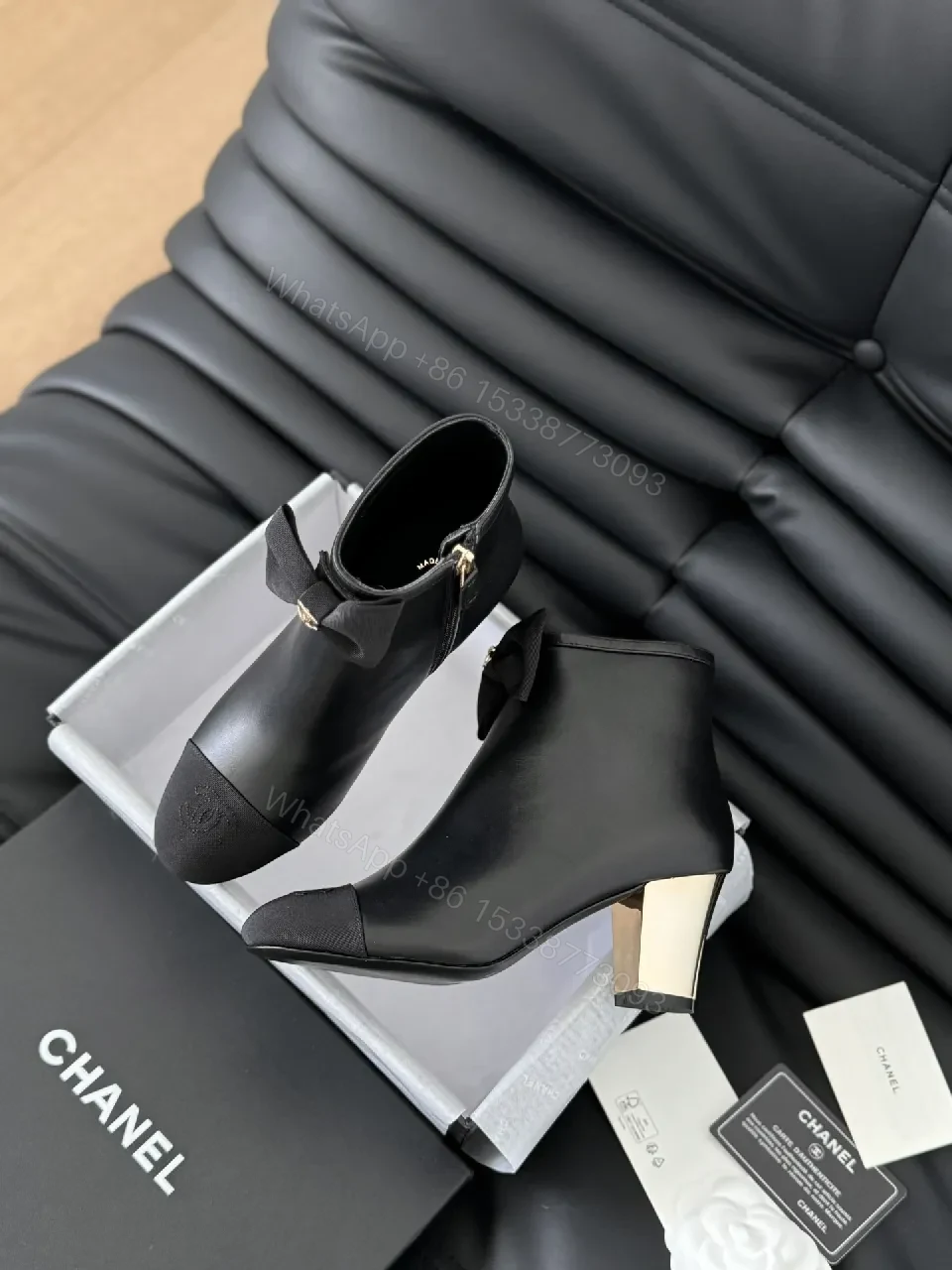View 3 of Chic Quilted Ankle Boots with Satin Bow Detail and Gold Accent