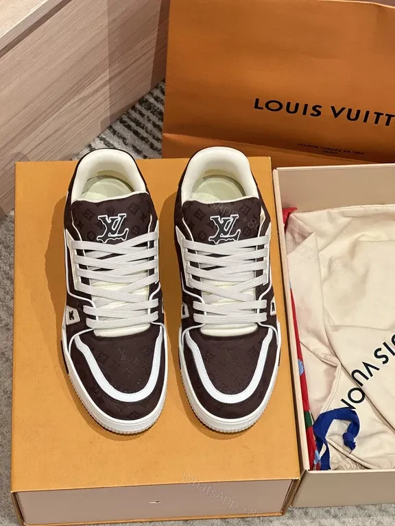 View 8 of Brown Leather Low-Top Sneakers with LV Monogram, White Trim and Sole