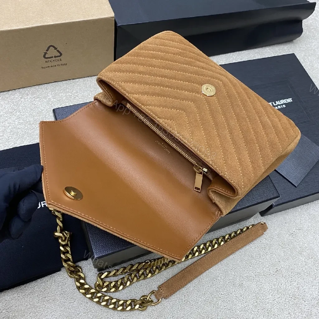 View 9 of Brown Suede Envelope Bag - Chevron Texture, Gold Hardware, Crossbody