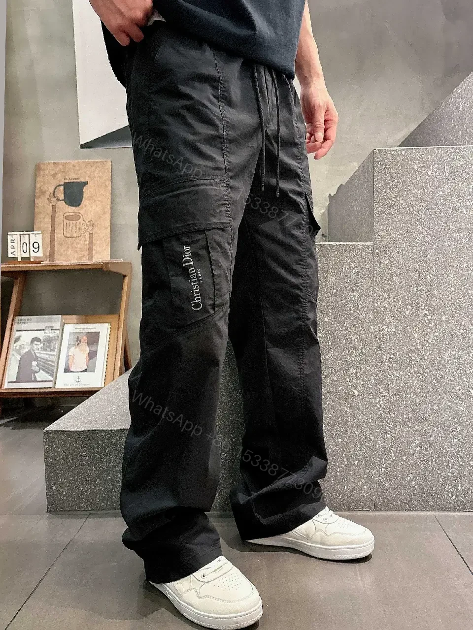 View 13 of Black Cargo Pants - Tactical, Smooth Fabric, Dior Logo Pocket, Relaxed Fit