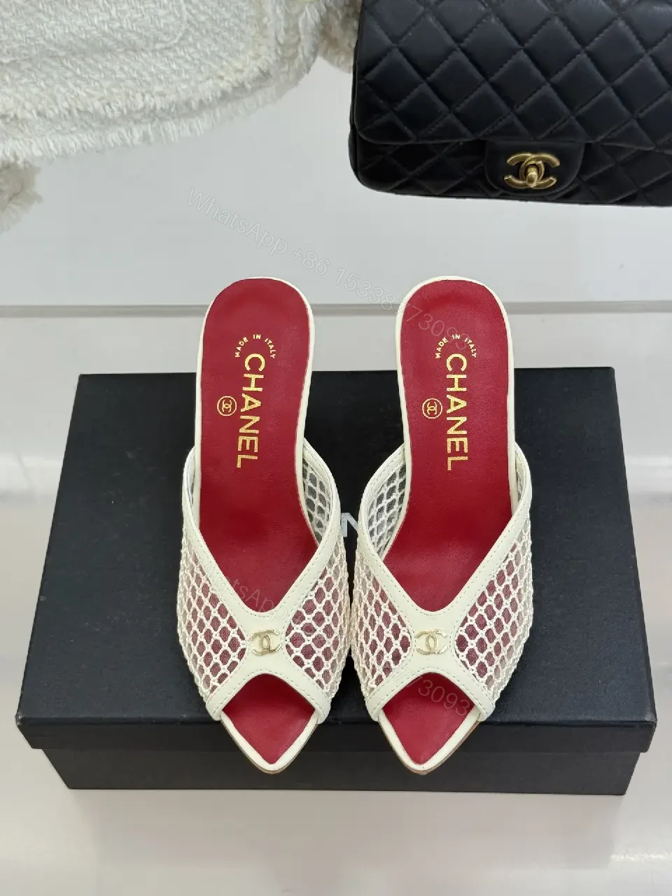 View 6 of White Mesh Heels Red Insole Classic Netted Upper Mule Sandals