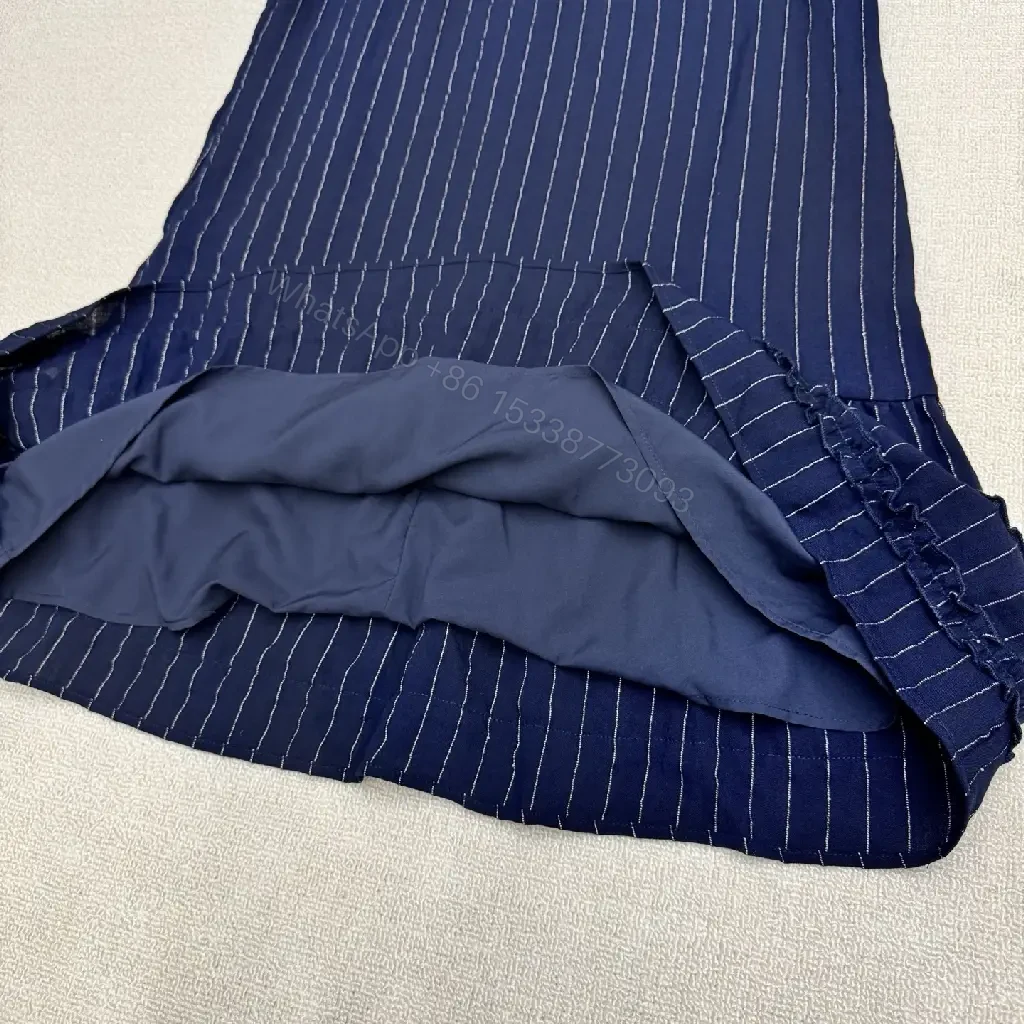 View 9 of Navy Pinstripe Cotton A-Line Dress with Chanel Logo Key Feature