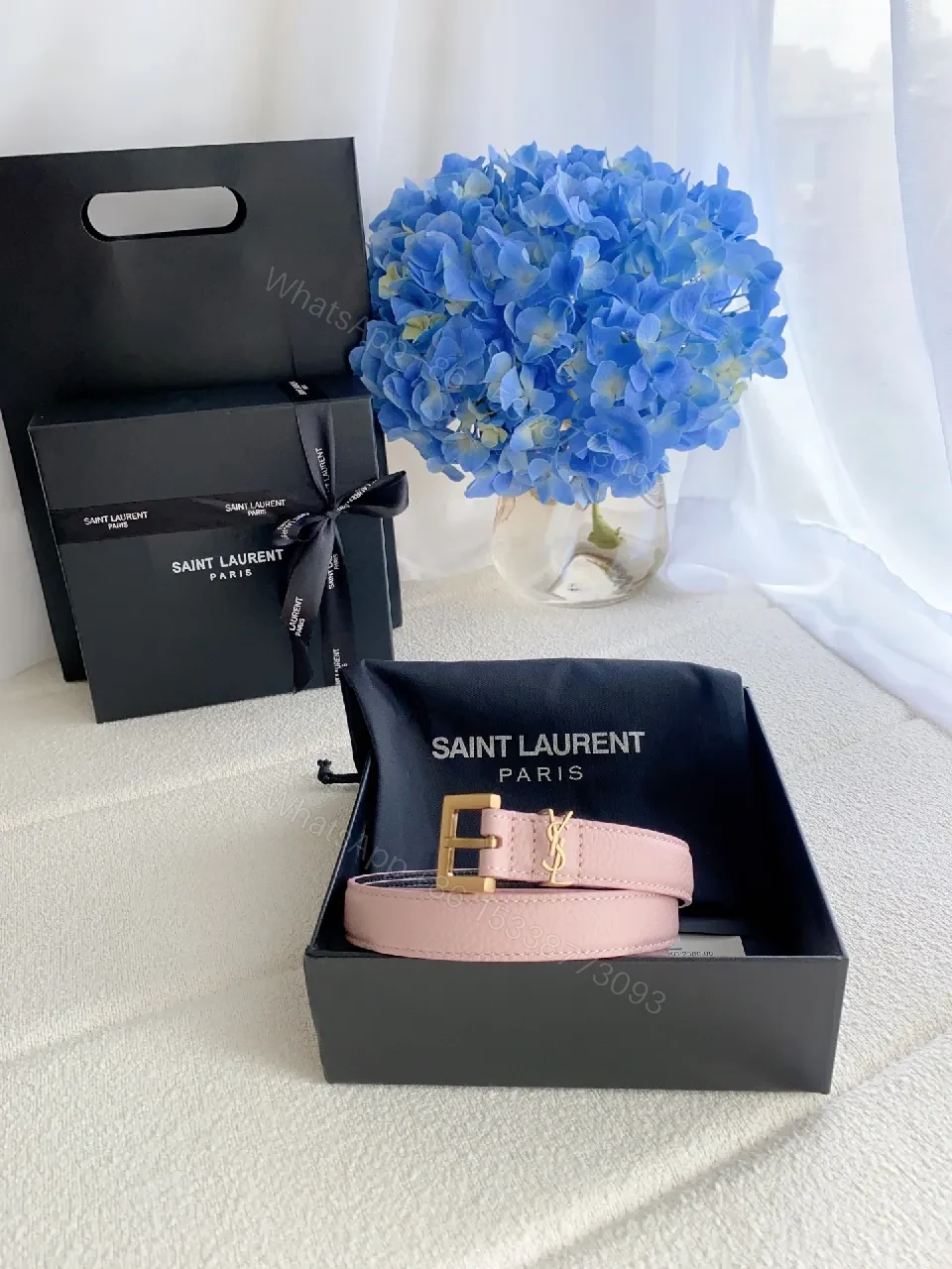 Soft Pink Leather Belt with Gold-Tone Double T Buckle — view 1