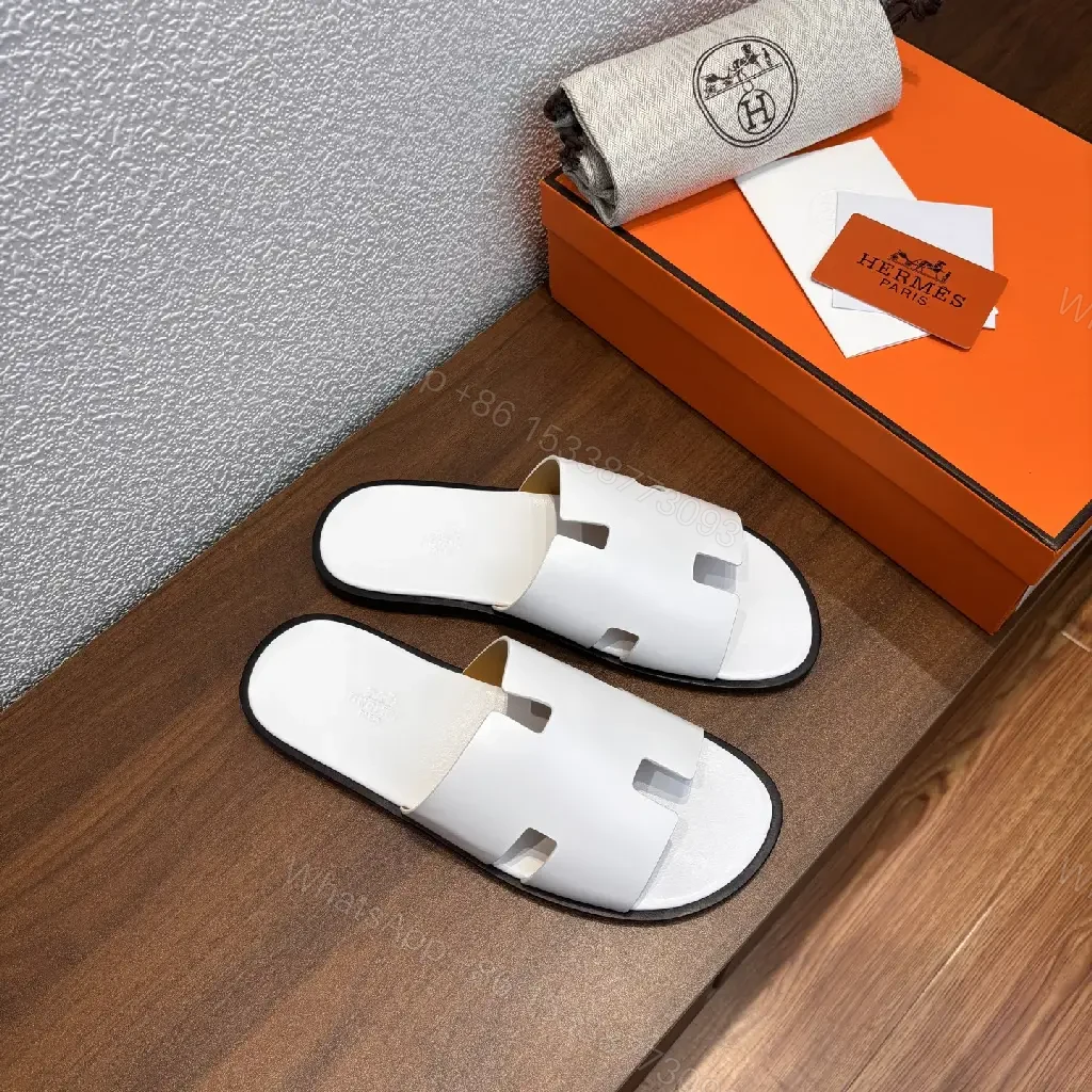 View 4 of White Leather Slide Minimalist Hermes Inspired Open-Toe Sandals