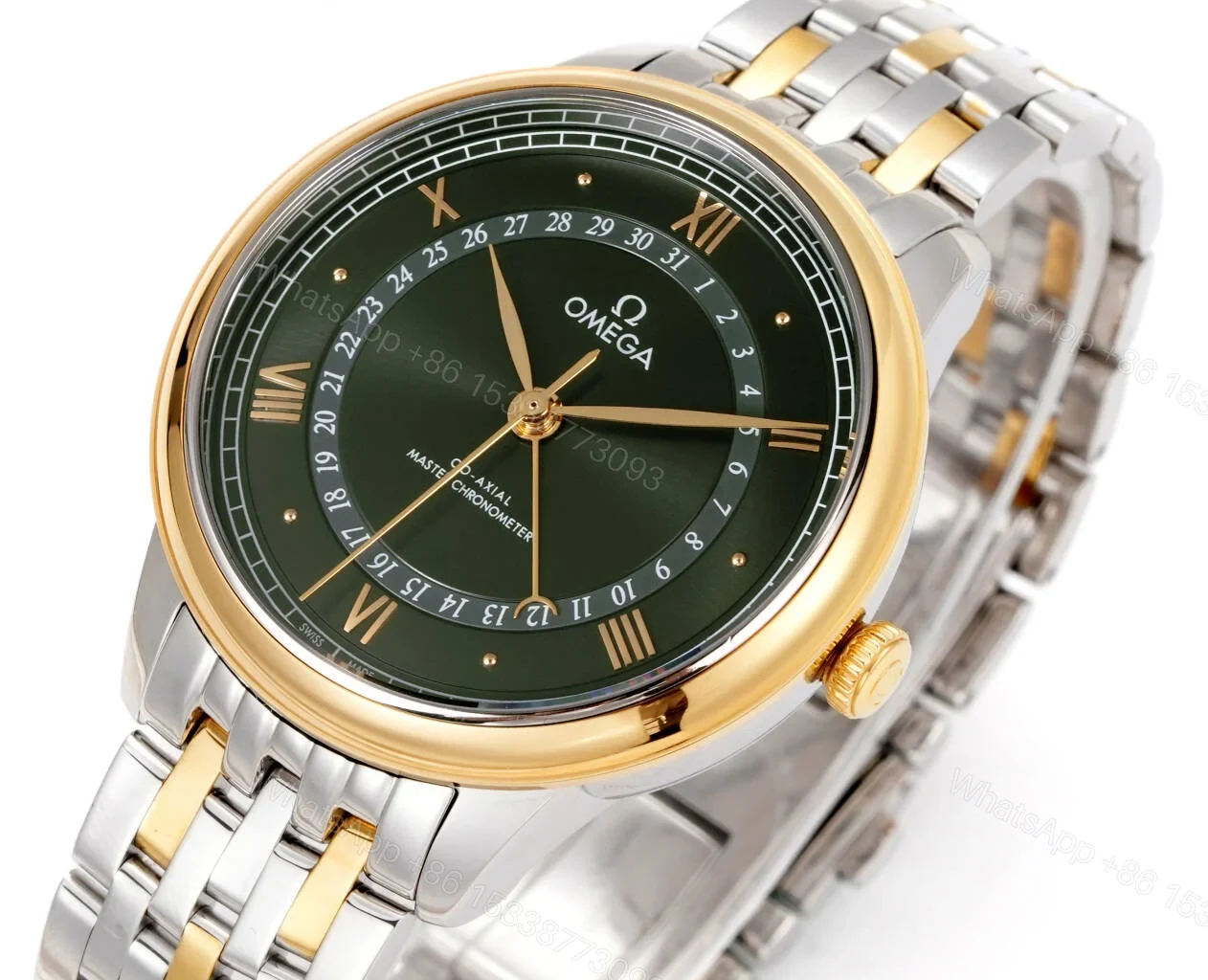 View 4 of Omega De Ville Prestige Co-Axial Master Chronometer Pointer Date 42 Stainless Steel Yellow Gold Green Sunburst Bracelet 434.20.42.22.10.001