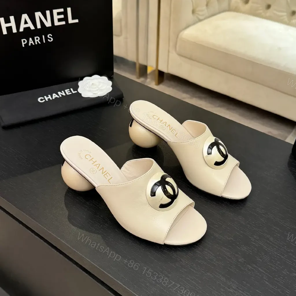 View 6 of Ivory Leather Block-Heel Slides with Interlocking Hardware