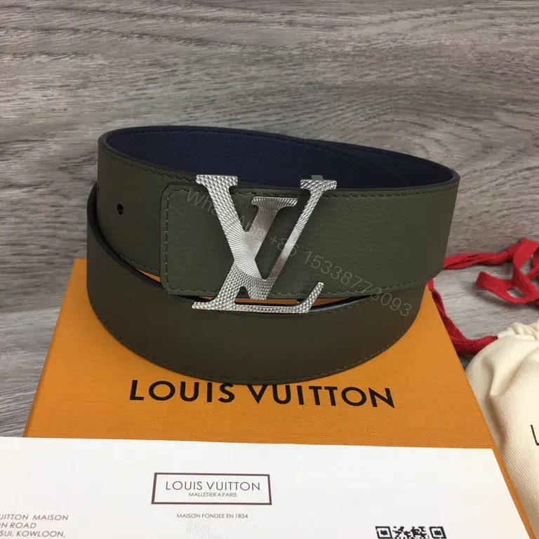 View 4 of Olive Pebble Leather Belt with Silver LV Buckle (Premium)
