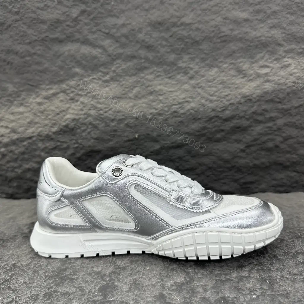 View 10 of Silver Metallic Leather Trainers with Mesh Panels, Chunky Sole, Dior-Style Motif Sneaker