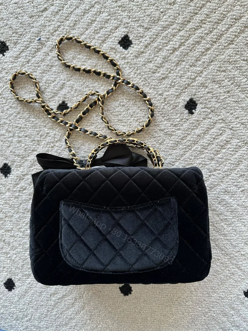 View 3 of Chic Quilted Black Velvet Bag with Ribbon Accent Milesight-style Luxe Bag