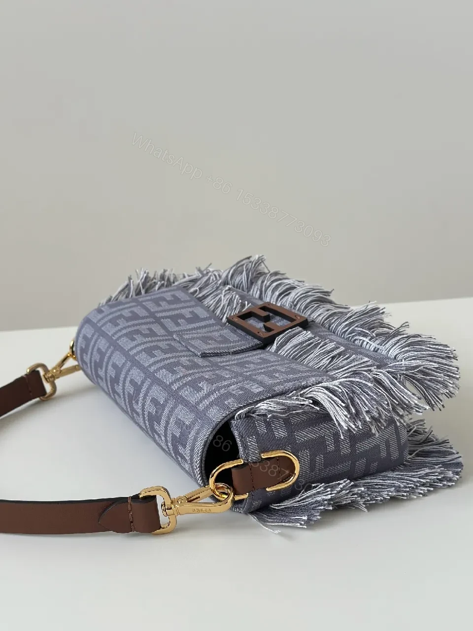View 6 of Textured Gray Jacquard Fringe Bag - Modern Luxury Tote