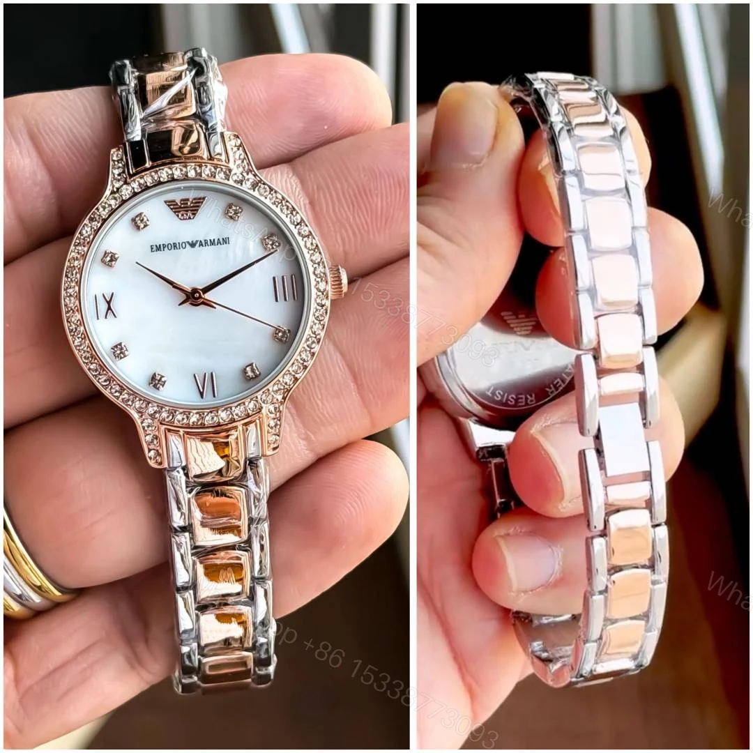 View 3 of First Copy Emporio Armani Silver Rose Gold White Dial Diamond Bezel Women’s Analog Watch