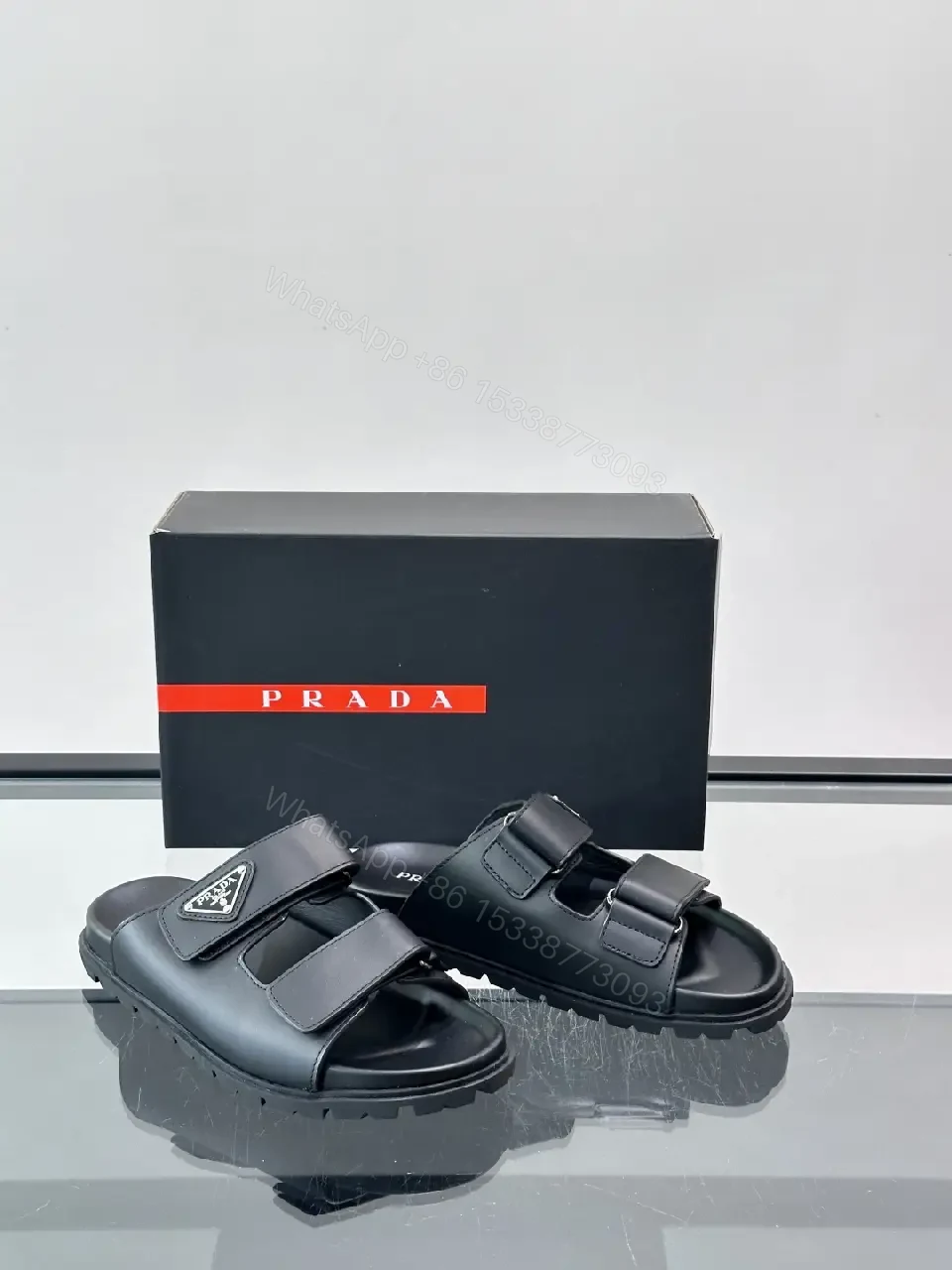 View 10 of Black Leather Sandals, Velcro Straps, Prada-Style Vintage Design Slippers