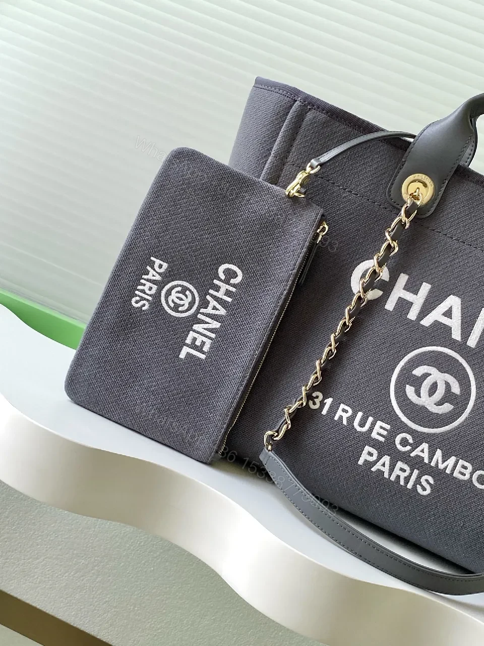 View 8 of Charcoal Canvas Tote: Leather Handles, Chain Accent, Structured Designer-Inspired Tote