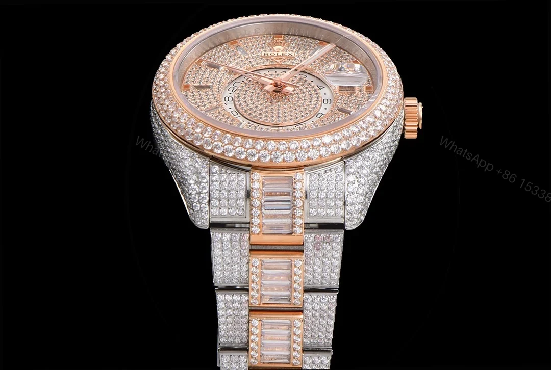 View 4 of Rolex Sky-Dweller Rose Gold Diamond Replica 42MM Exclusive Full Pavé Two-Tone Bracelet RG-ROLEX-SKYDWELLER-ROSEGOLD-42