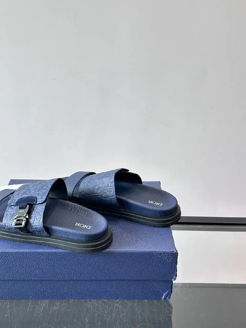 View 8 of Navy Leather Dior-Logo Slide Sandals with Buckle