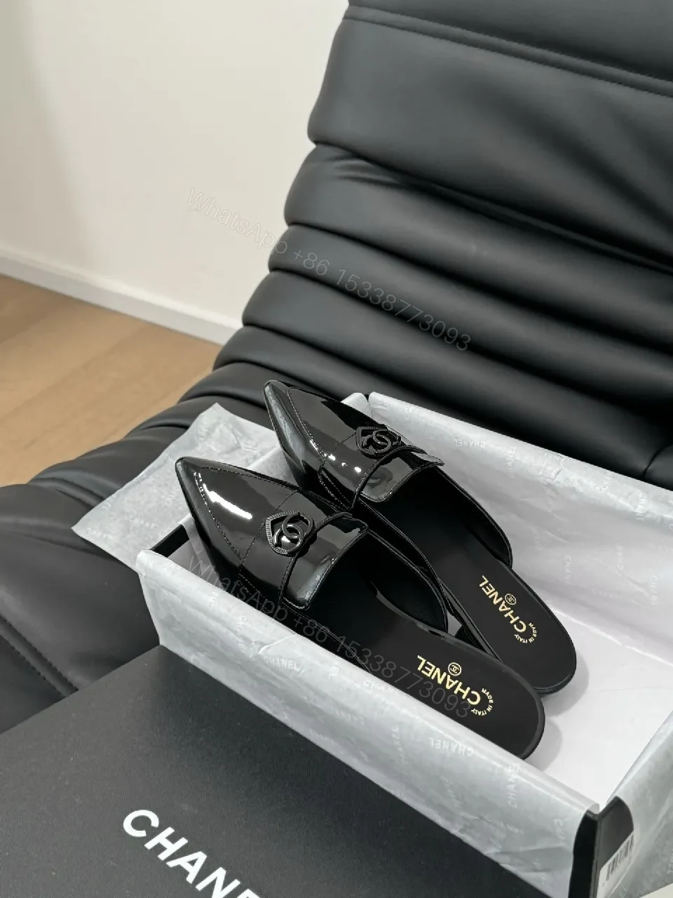 View 2 of Patent-Gloss Slippers: Chanel-Influenced, Pointed-Toe Luxury Flats