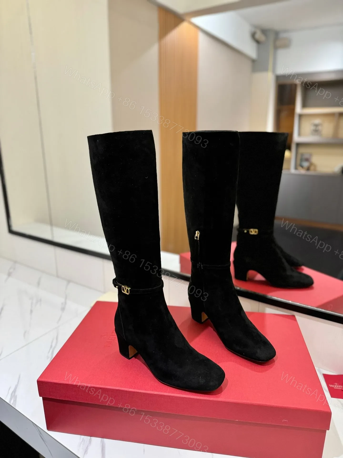 Valentino Women Black Suede Mid Heel Boots — view 1
