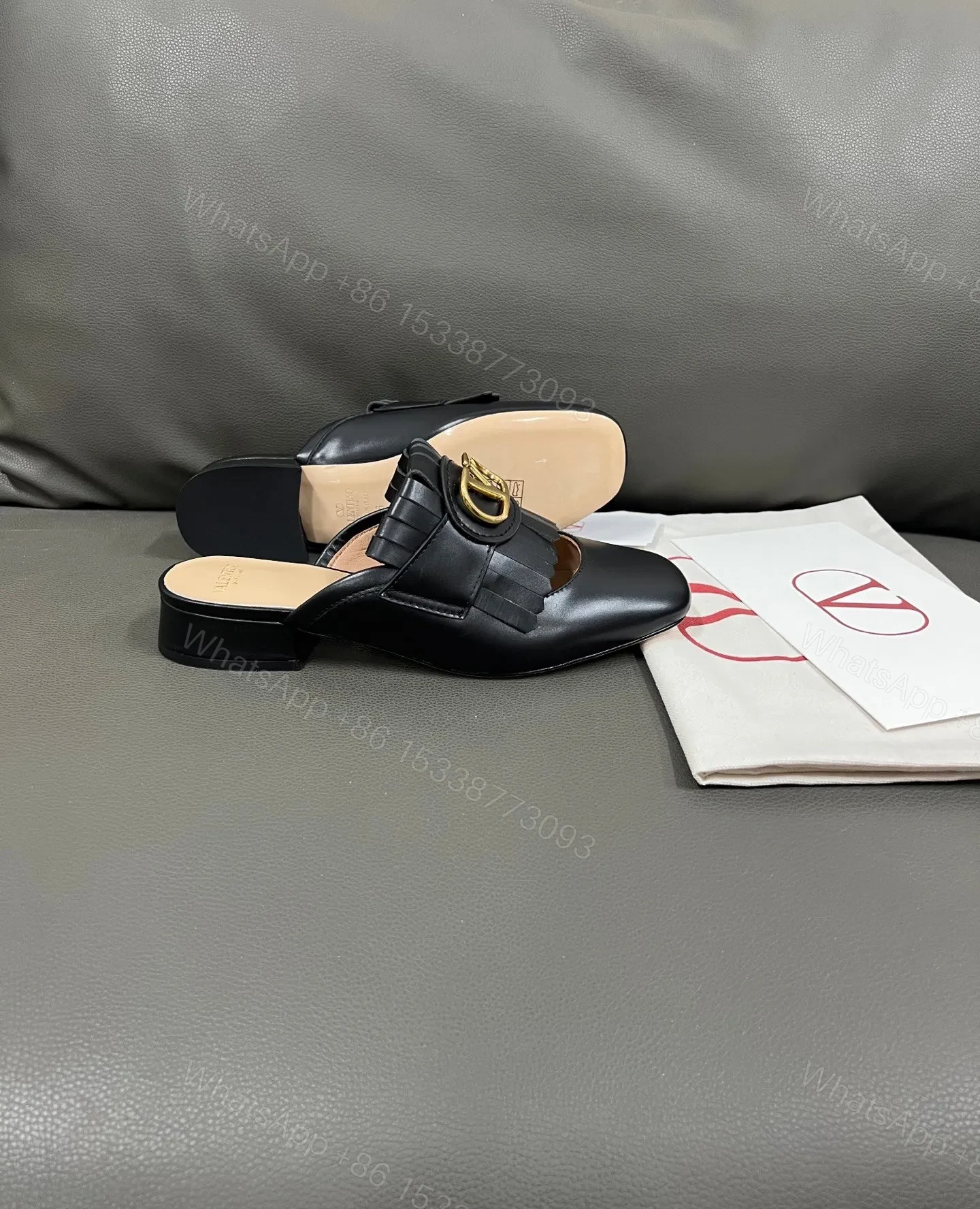 View 6 of Valentino Women Black Leather Fringe Mules