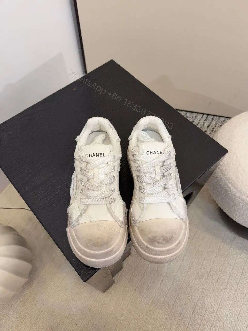 View 2 of White Leather Chunky Sneaker with Textured Panels, Signature Stitching
