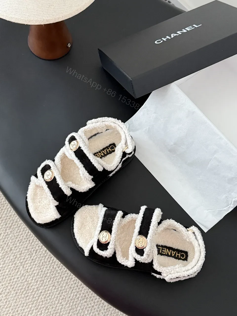View 9 of Cozy-Luxe Sandals: Plush Comfort, Black Ivory Trim, Open-Toe Luxury