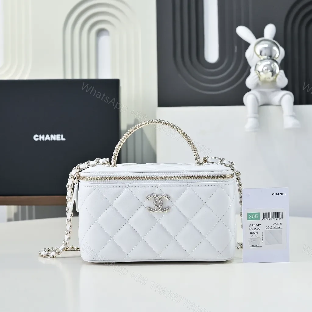 Compact White Quilted Crossbody with Silver Chain Emblem — view 1