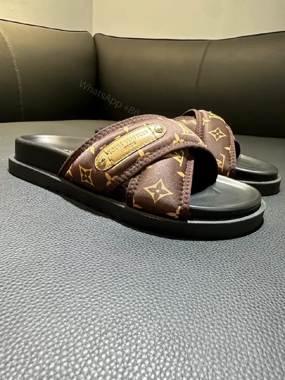 View 6 of Brown LV-Inspired Cross-Strap Slides, Premium Comfort