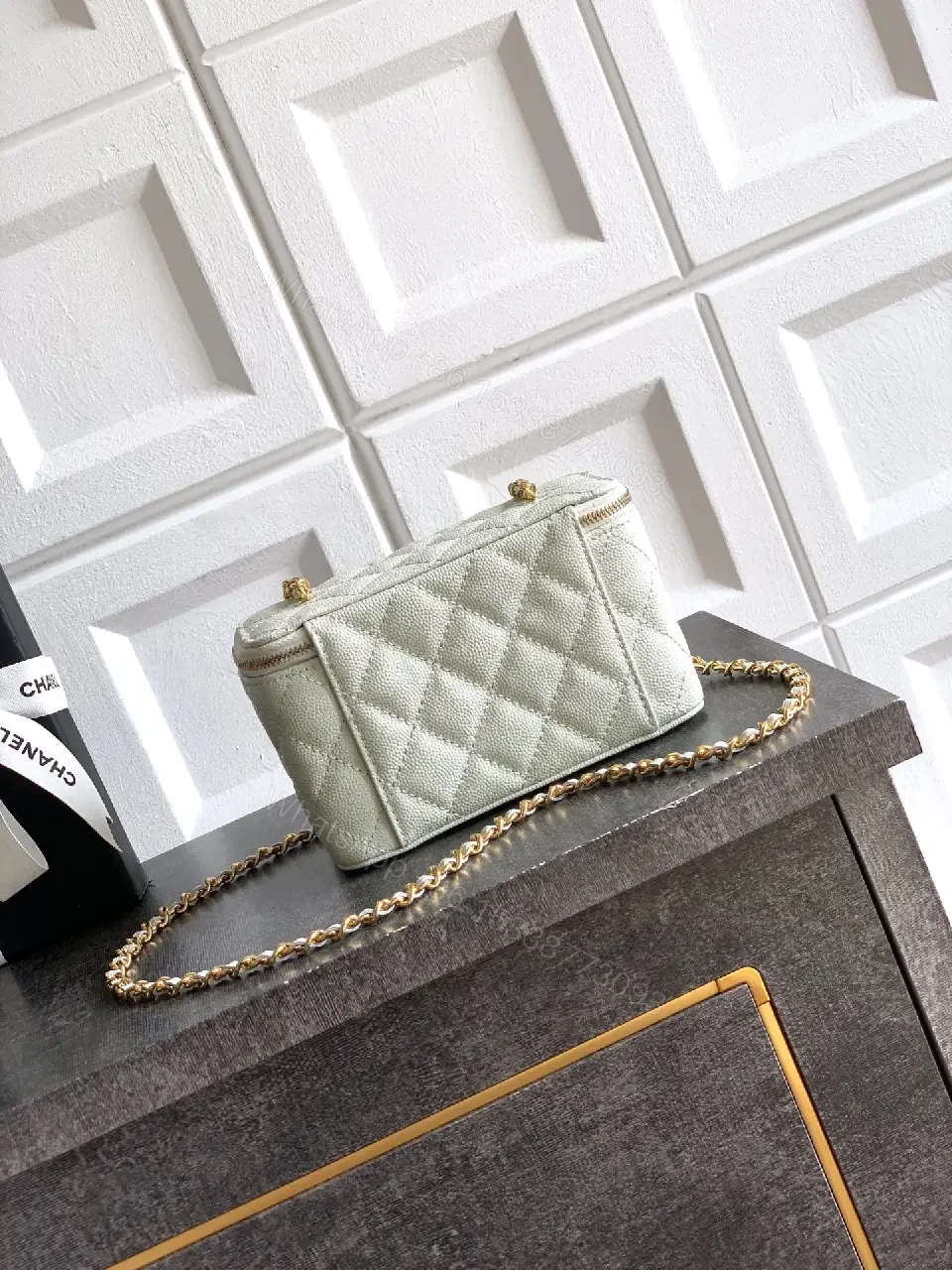 View 9 of mint green quilted leather shoulder bag with gold chain and logo charm
