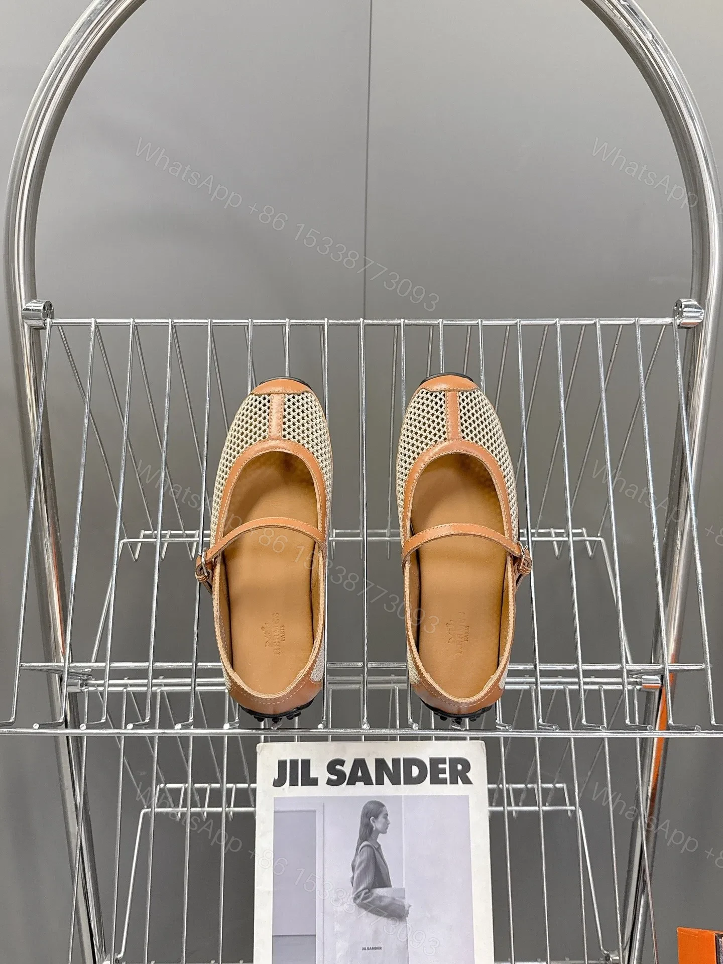View 2 of Hermes Women Beige Leather Mesh Mary Jane Flats
