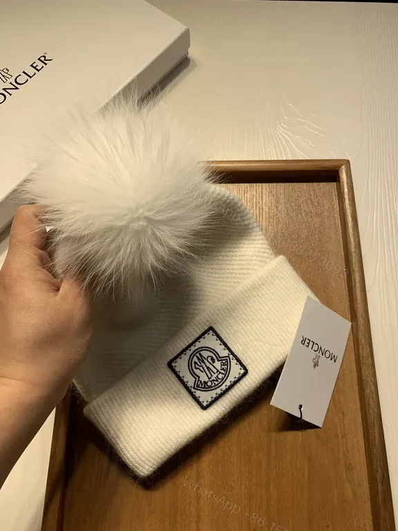 View 5 of Chic White Knit Beanie with Faux Fur Pom-Pom, Moncler Style