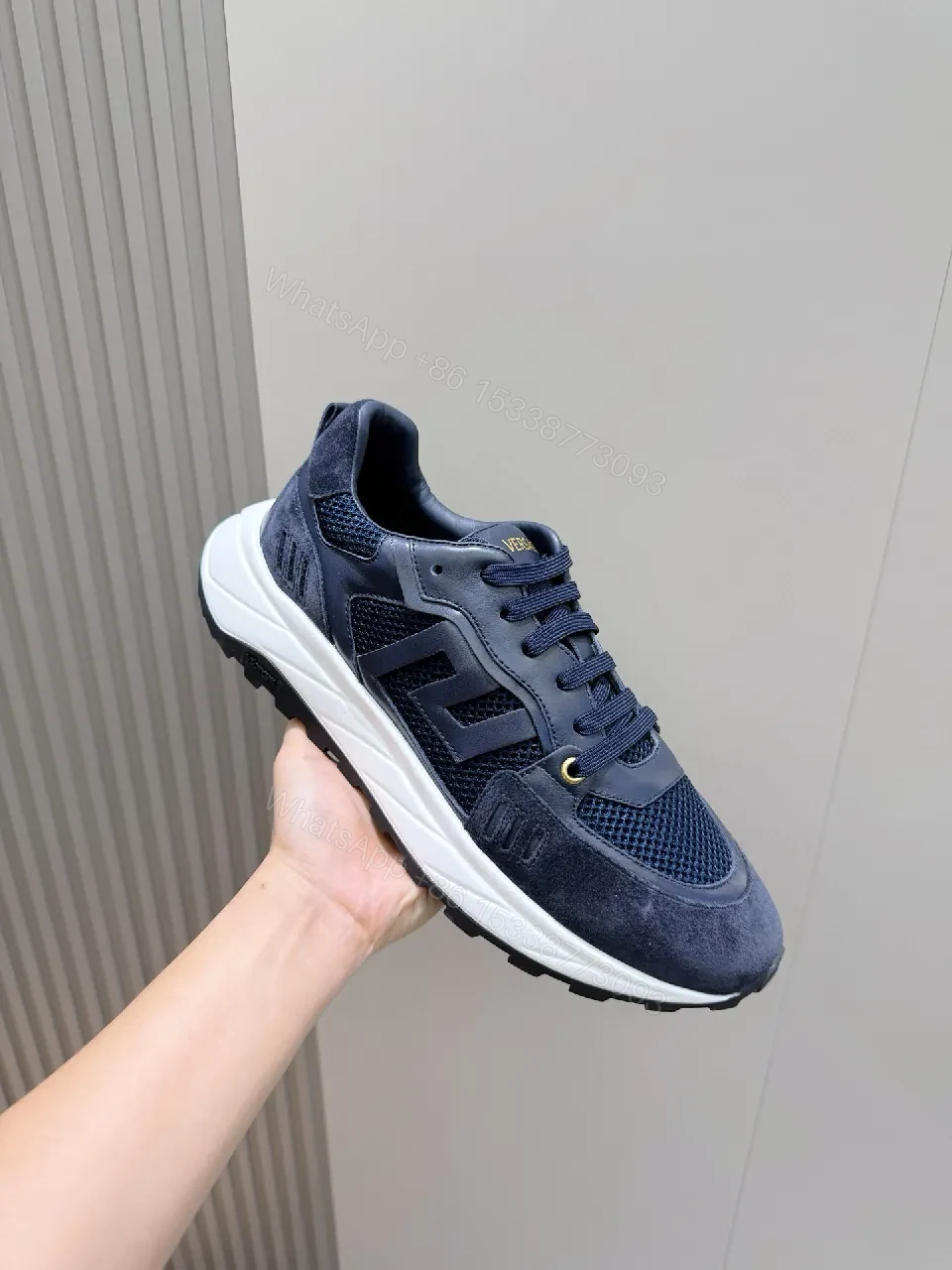 View 3 of Dark Navy Suede & Mesh High-Tops with Textured Silhouette