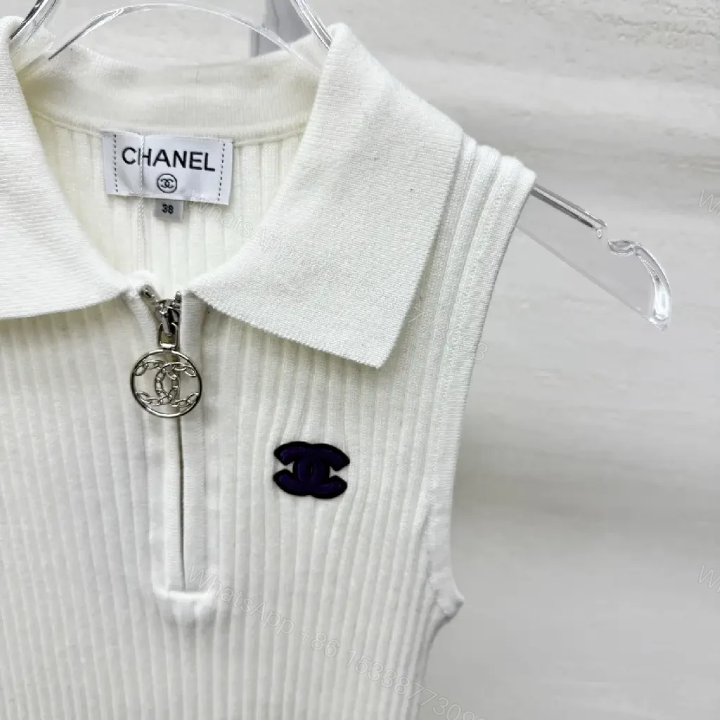 View 3 of White Knit Polo Vest, Ribbed Texture, Sleek Zip Mock-Neck Polo
