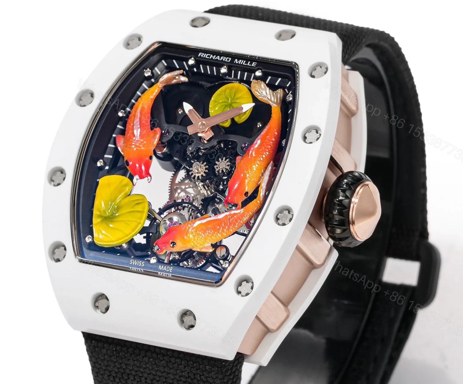 View 5 of Richard Mille RM S10 Koi Tourbillon Watch Black Strap Colorful Skeleton Dial Red Gold Diamond Koi Art Mechanical Edition RM-S10-KOI-BLS-CFD