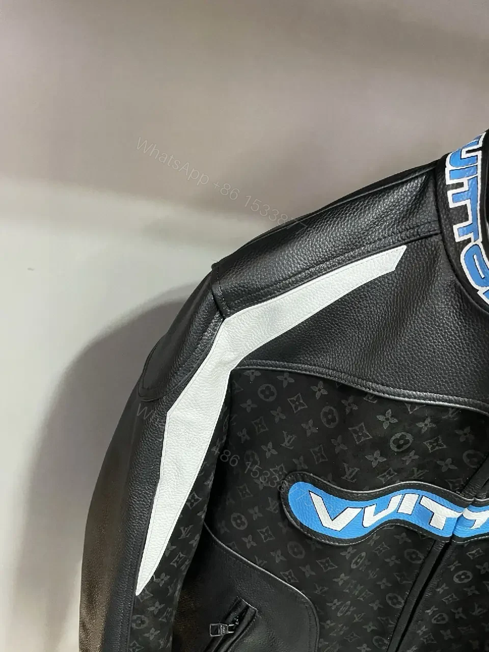 View 8 of Bold Contrast Leather Jacket Monogram Panels, Luxe Style