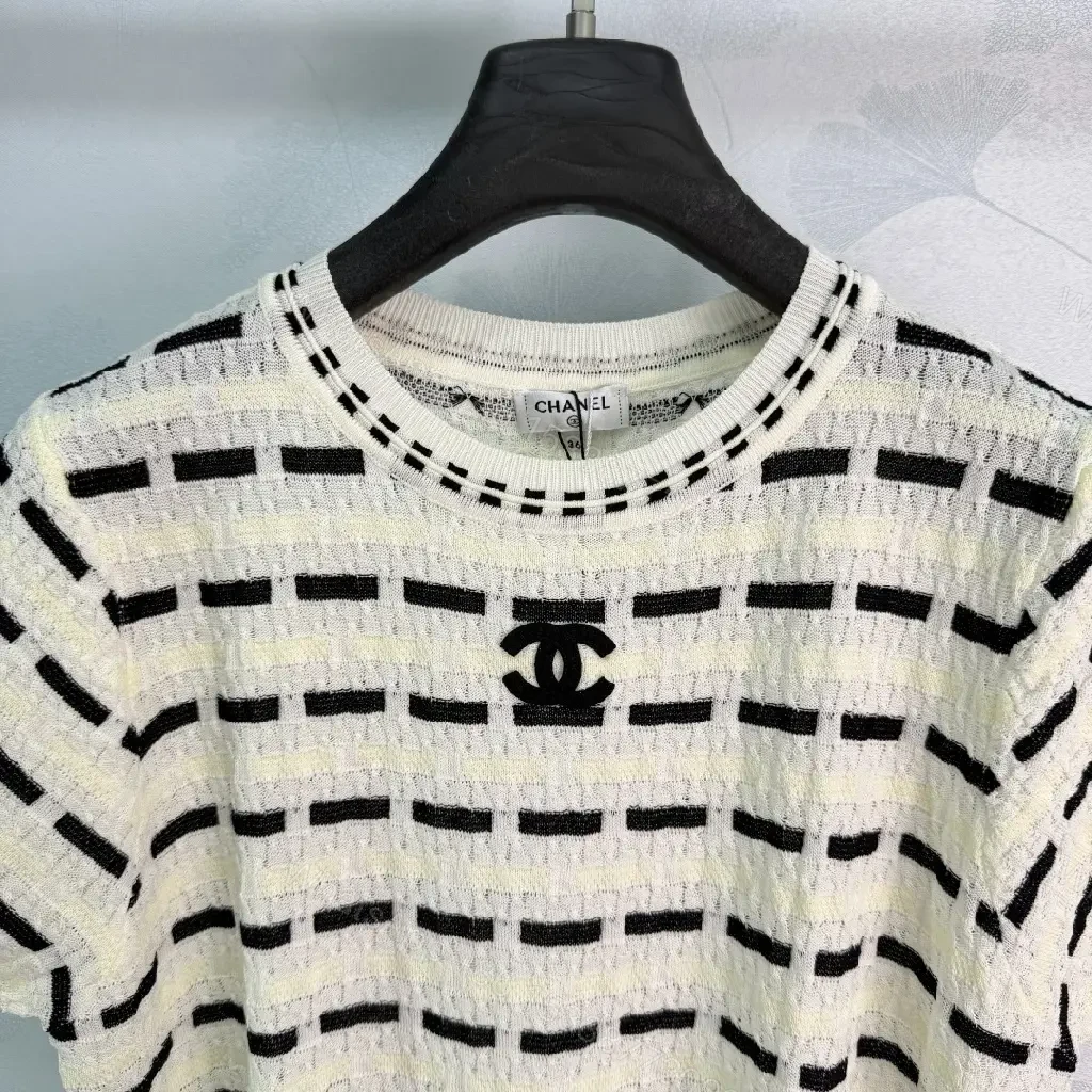 View 2 of White Knit Top Textured Striped Chanel Logo Short Sleeve Top