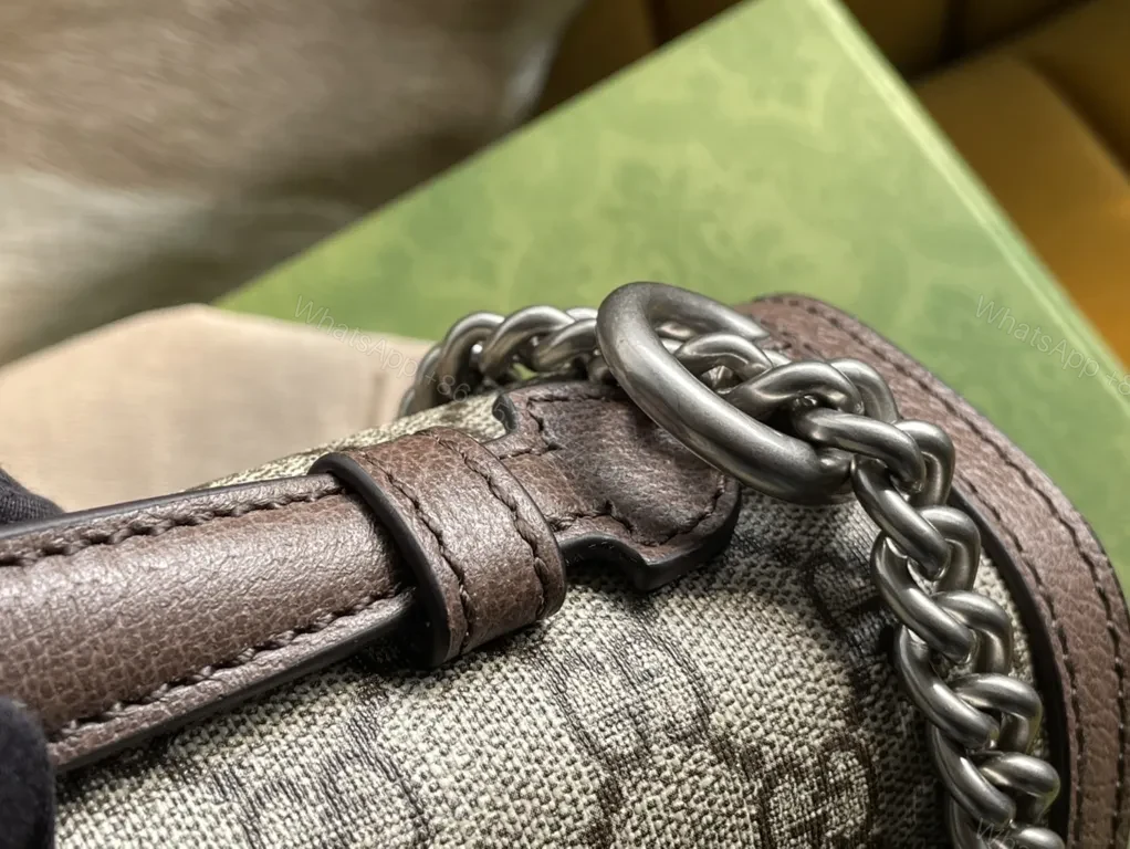 View 8 of Brown Leather-Trim GG Supreme Shoulder Bag with Bold Chain Strap