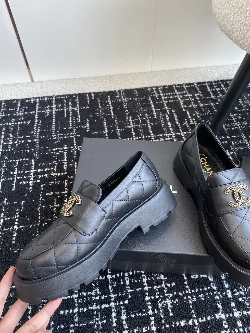 View 5 of Quilted Leather Loafer Black with Gold Emblem Luxury Comfort