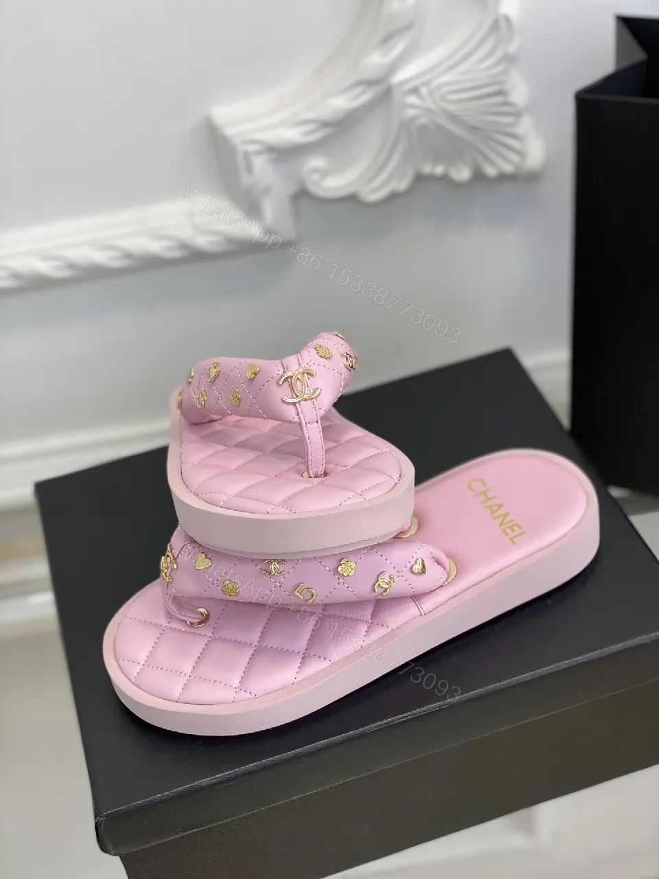 View 9 of Pink Quilted Sandals with Gold Hardware Slide