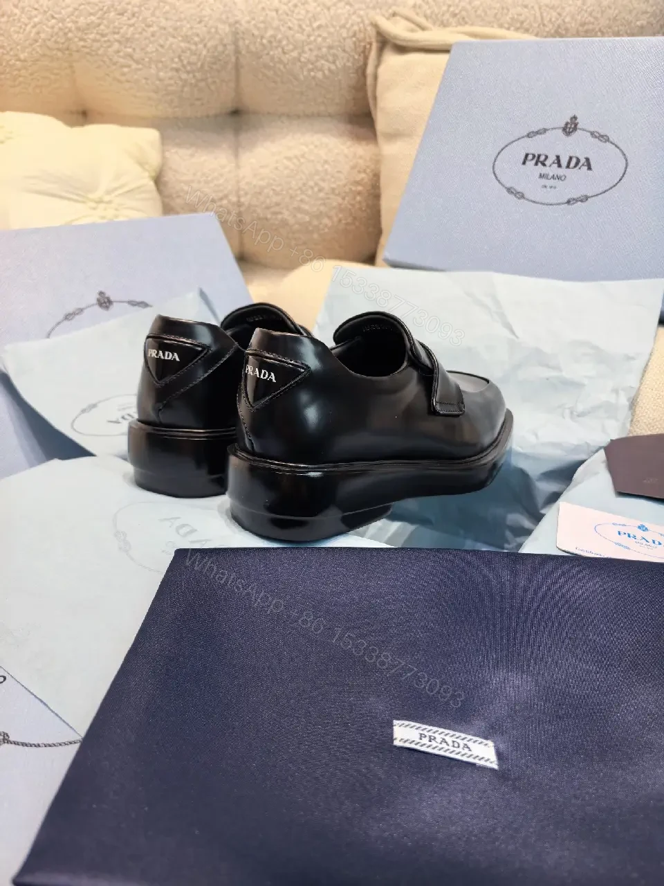 View 7 of Black Leather Prada Muffin-Style Loafers - Minimalist Square Toe