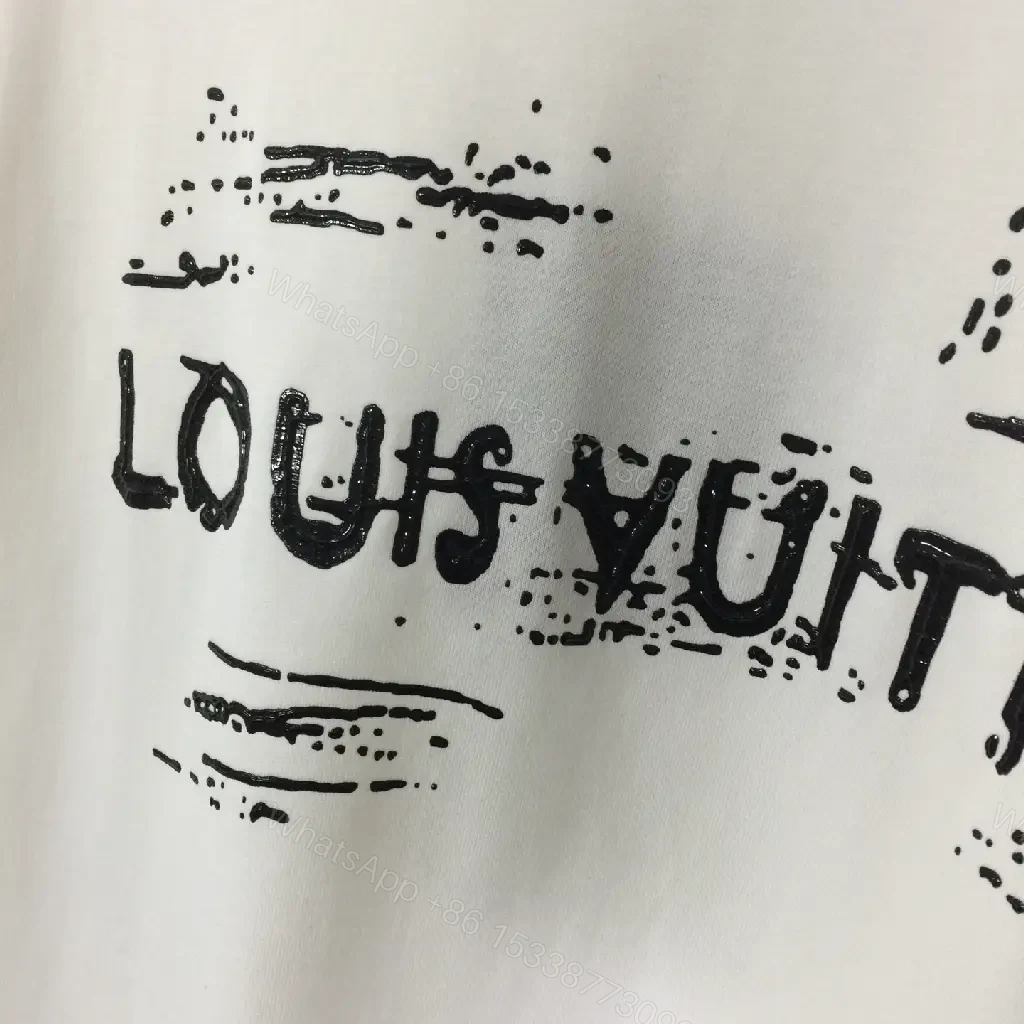 View 8 of White Cotton Graphic Tee with LV Brushwork - Relaxed Fit Tee