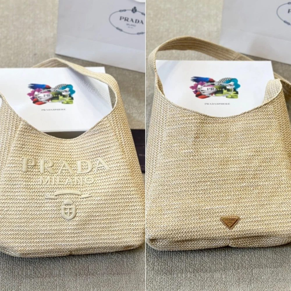 View 4 of Prada Logo Embossed Raffia Shoulder Bag Beige 33Cm 1BC186VOUO2A2T