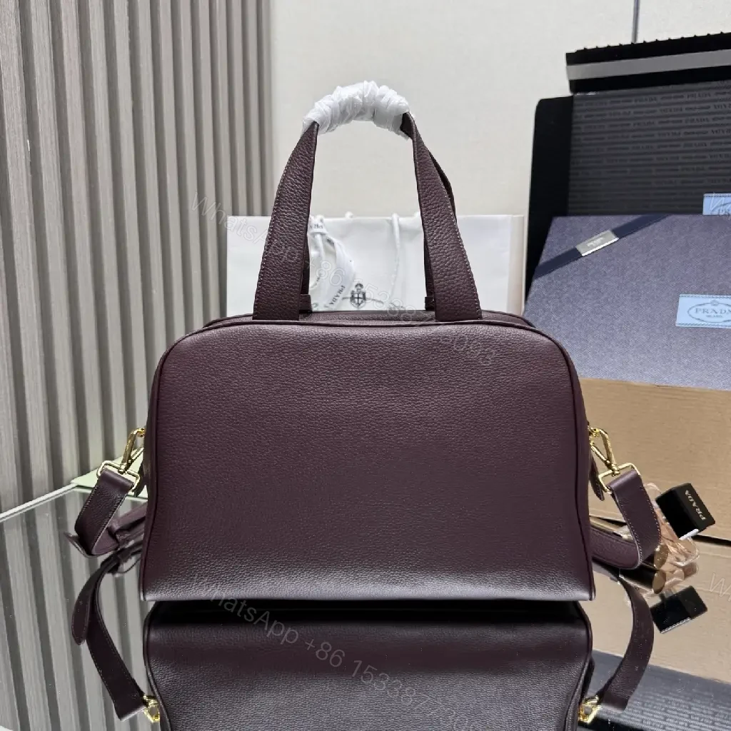 View 7 of Structured Burgundy Pebble-Leather City Bag with Gold Hardware