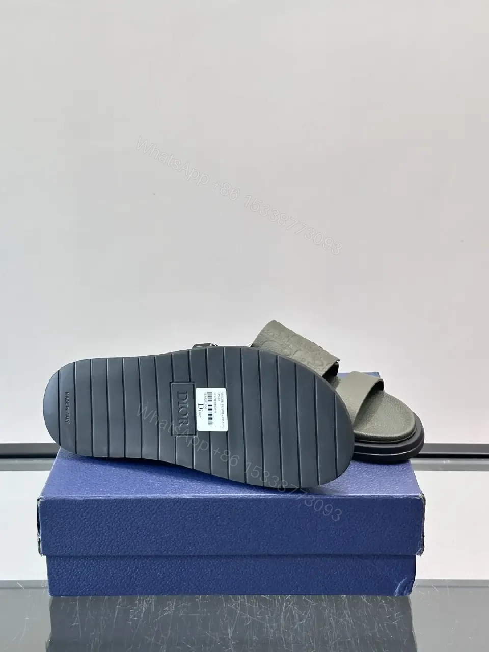 View 3 of Olive Green Embossed Leather Sliders Sandals