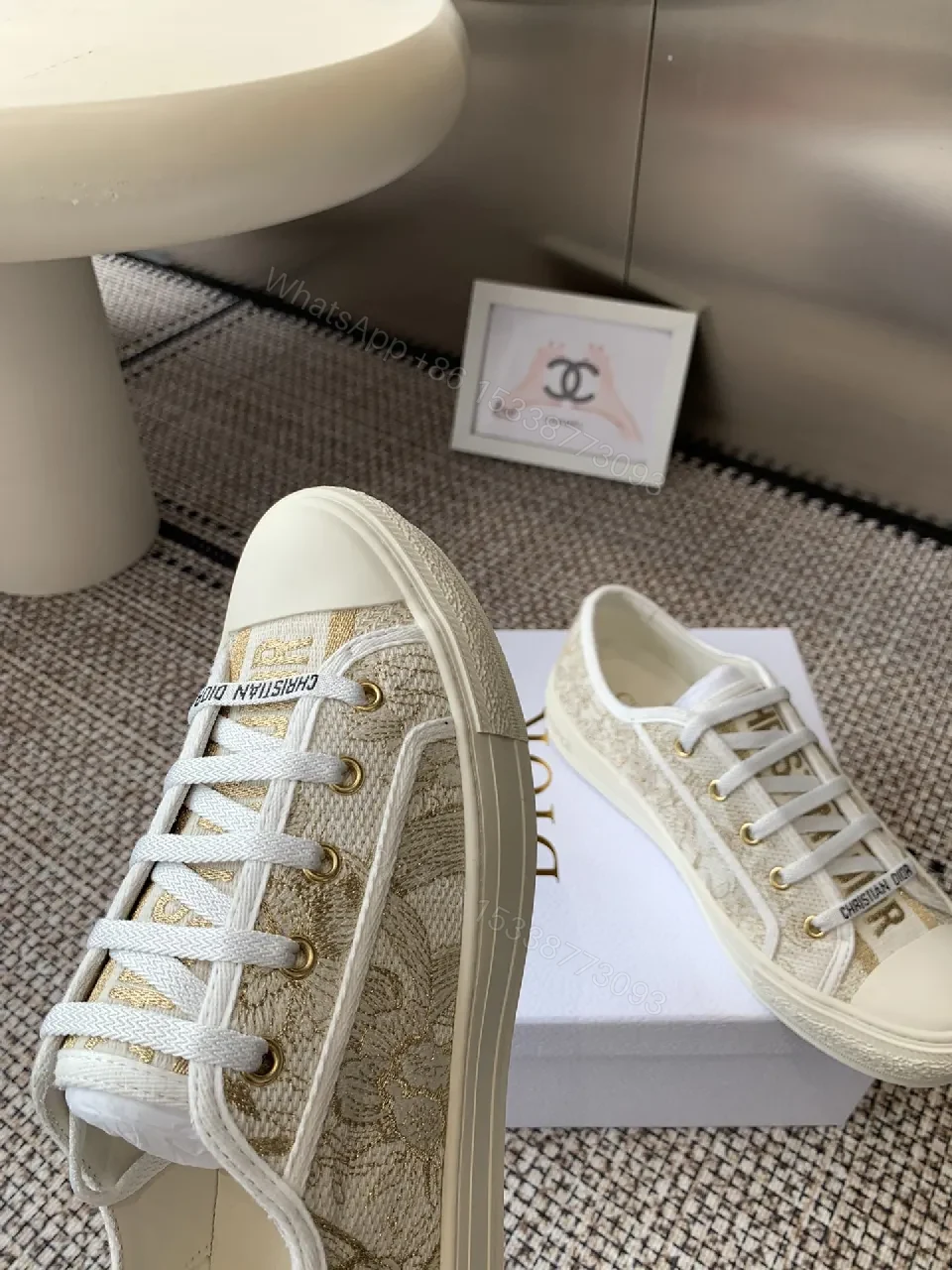 View 6 of Cream Canvas Low-Top Sneakers with Monogram Texture