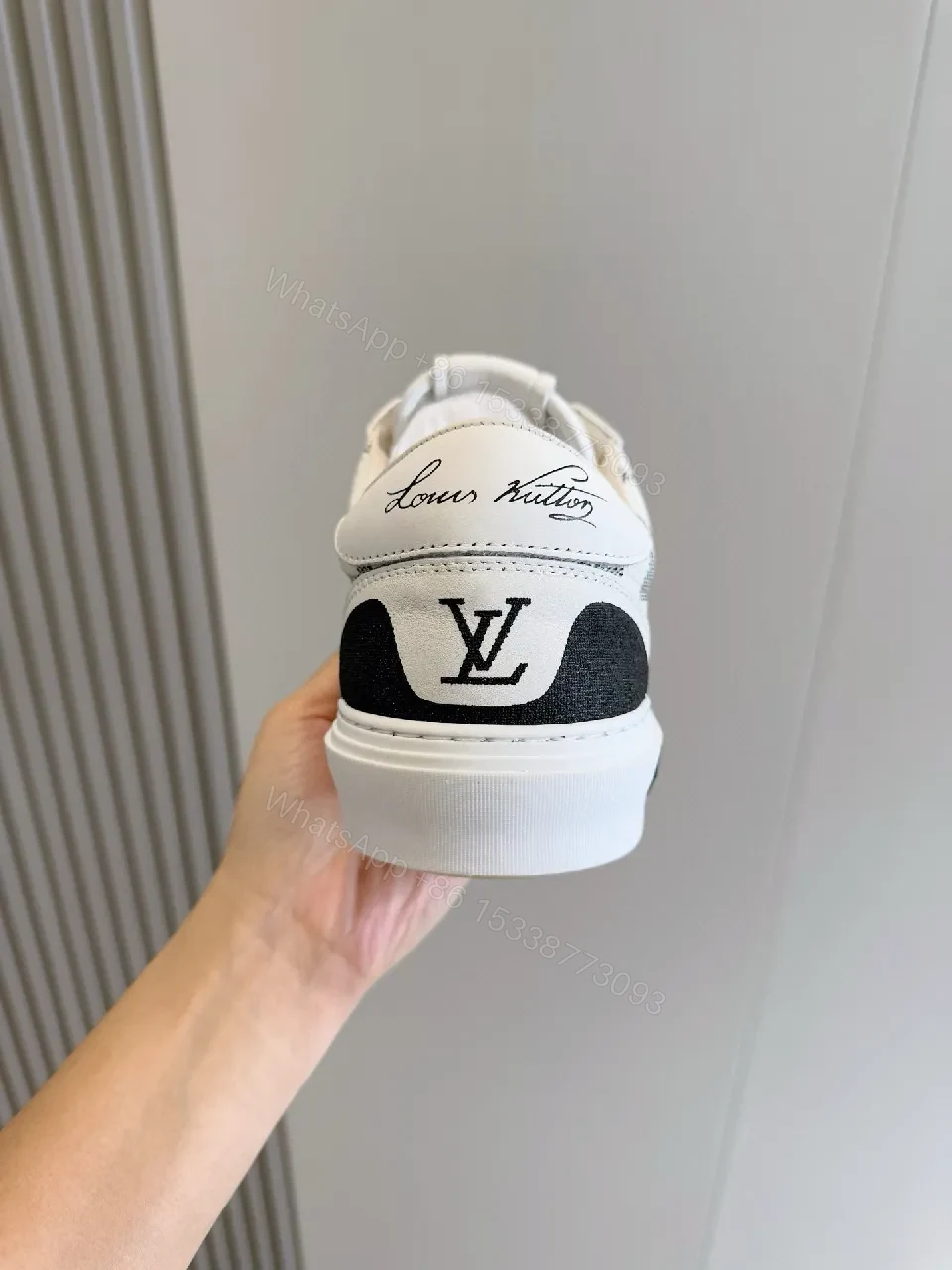 View 8 of White & Grey Checkerboard Leather Sneaker, LV Detail, Low-Top